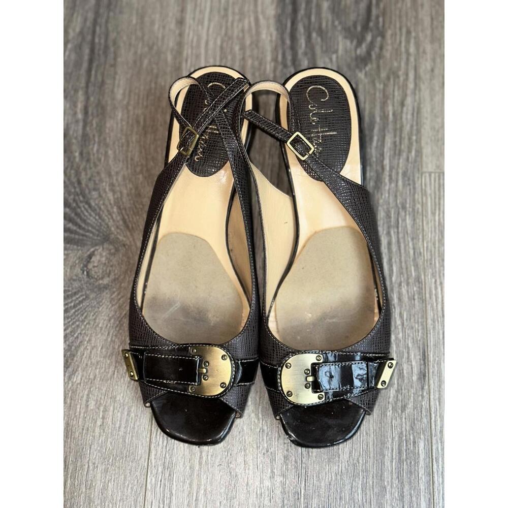 Chic Brown Slingback Heels with Gold Buckle Detail - Women Size 9